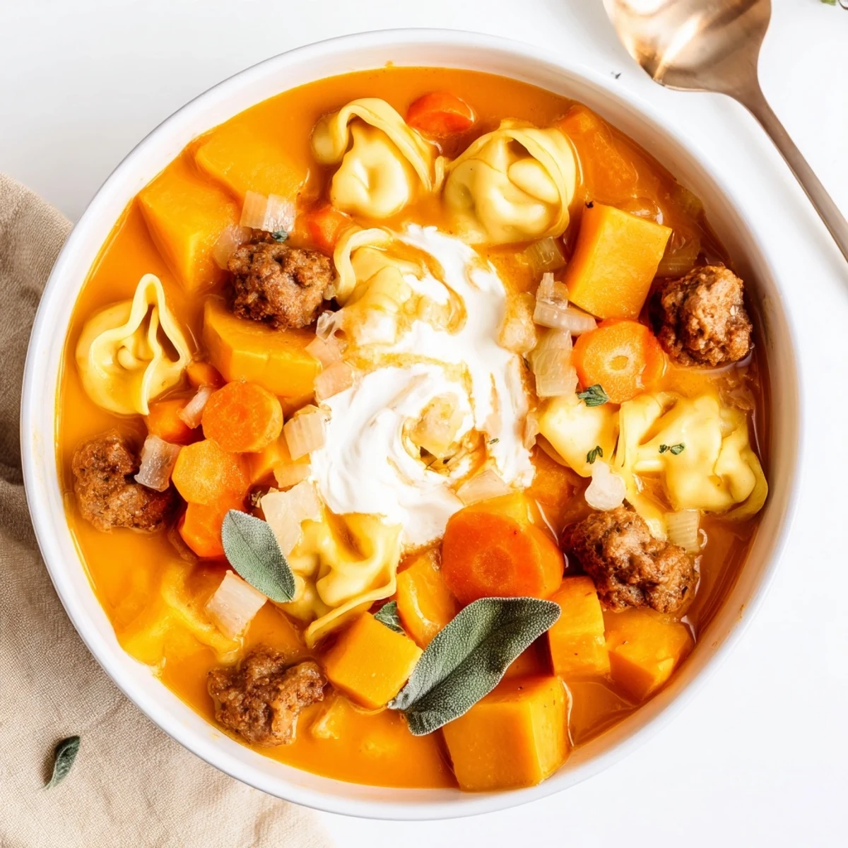 Steaming bowl of butternut squash sausage tortellini soup with crusty bread for dipping