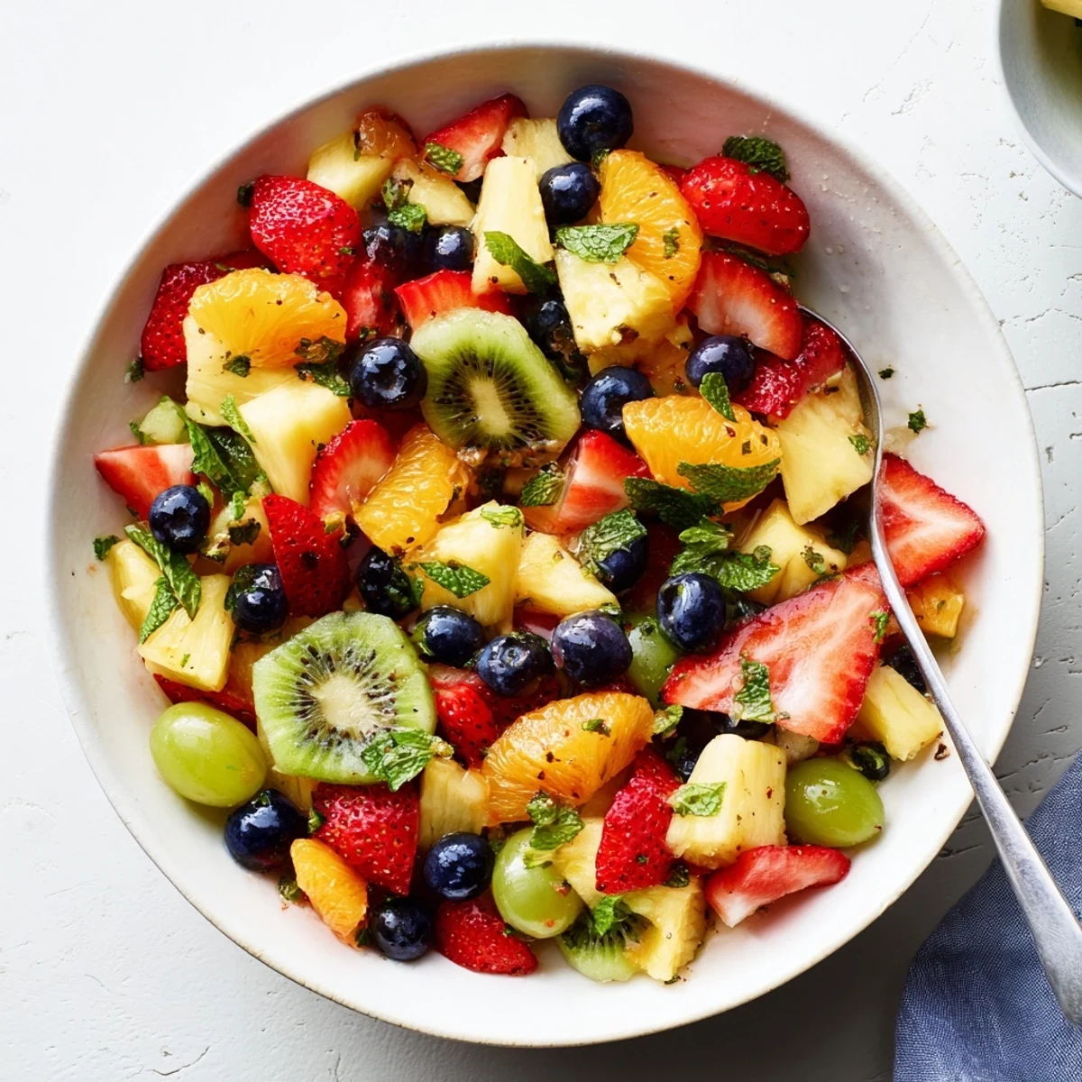 Colorful fruit bowl with strawberries, blueberries, kiwi, and pineapple served fresh