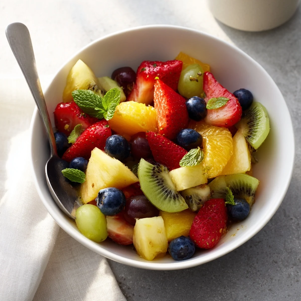 Refreshing fruit bowl drizzled with honey mint dressing in a white bowl