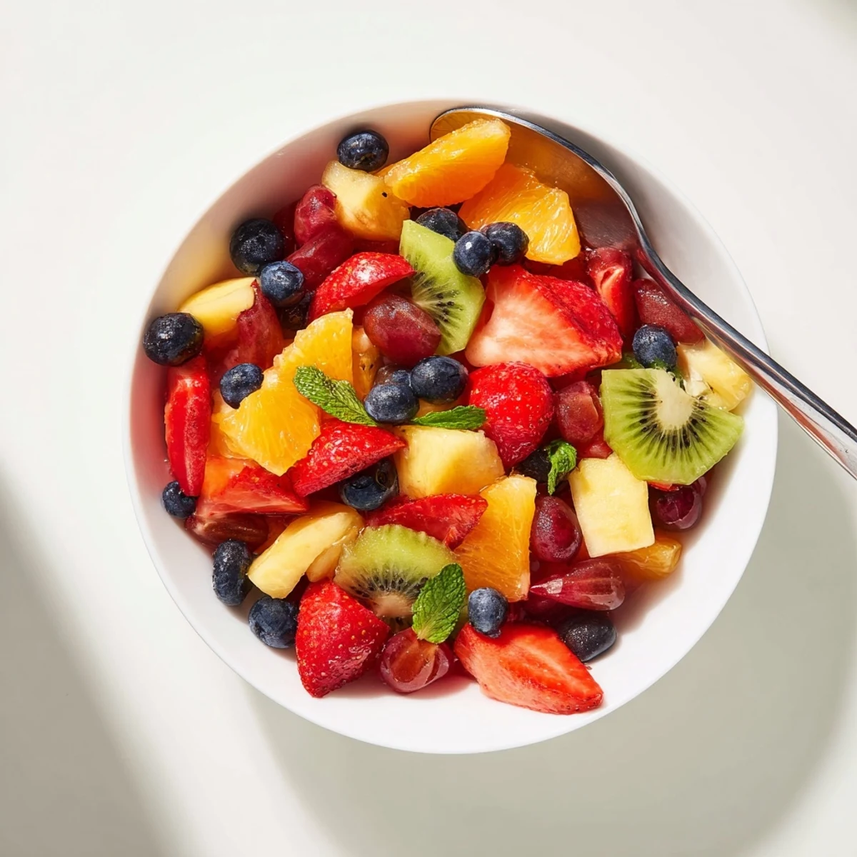 Vibrant fruit bowl featuring seasonal berries, grapes, and citrus on a wooden table