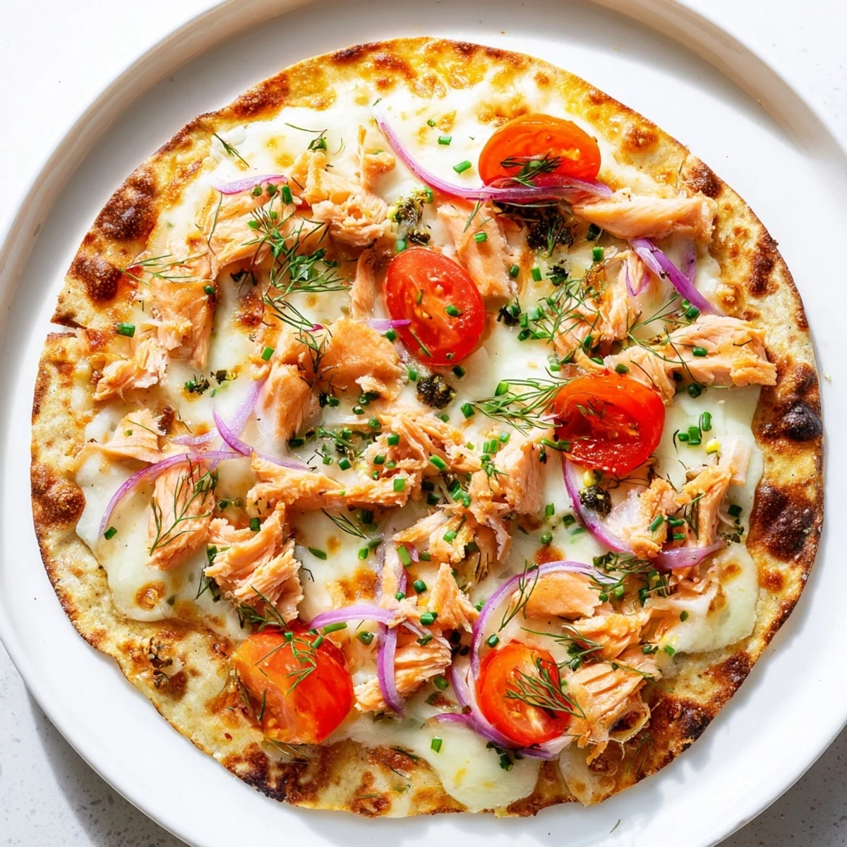 Crispy golden salmon tortilla pizza topped with melted mozzarella, red onion, and fresh dill