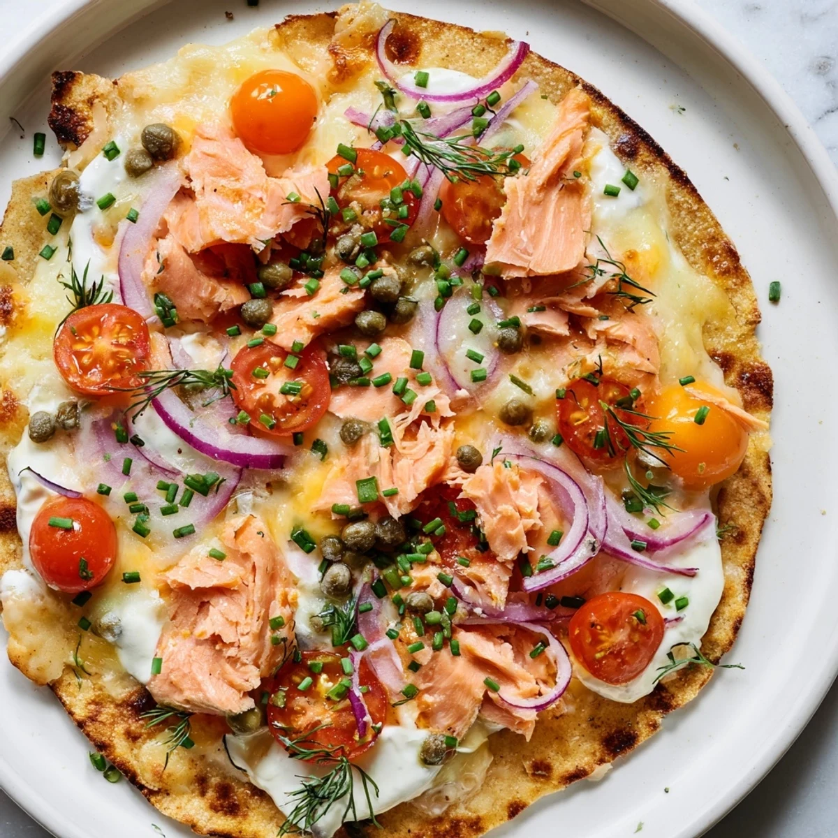 Leftover salmon tortilla pizza fresh from the oven with bubbling cheese and cherry tomatoes