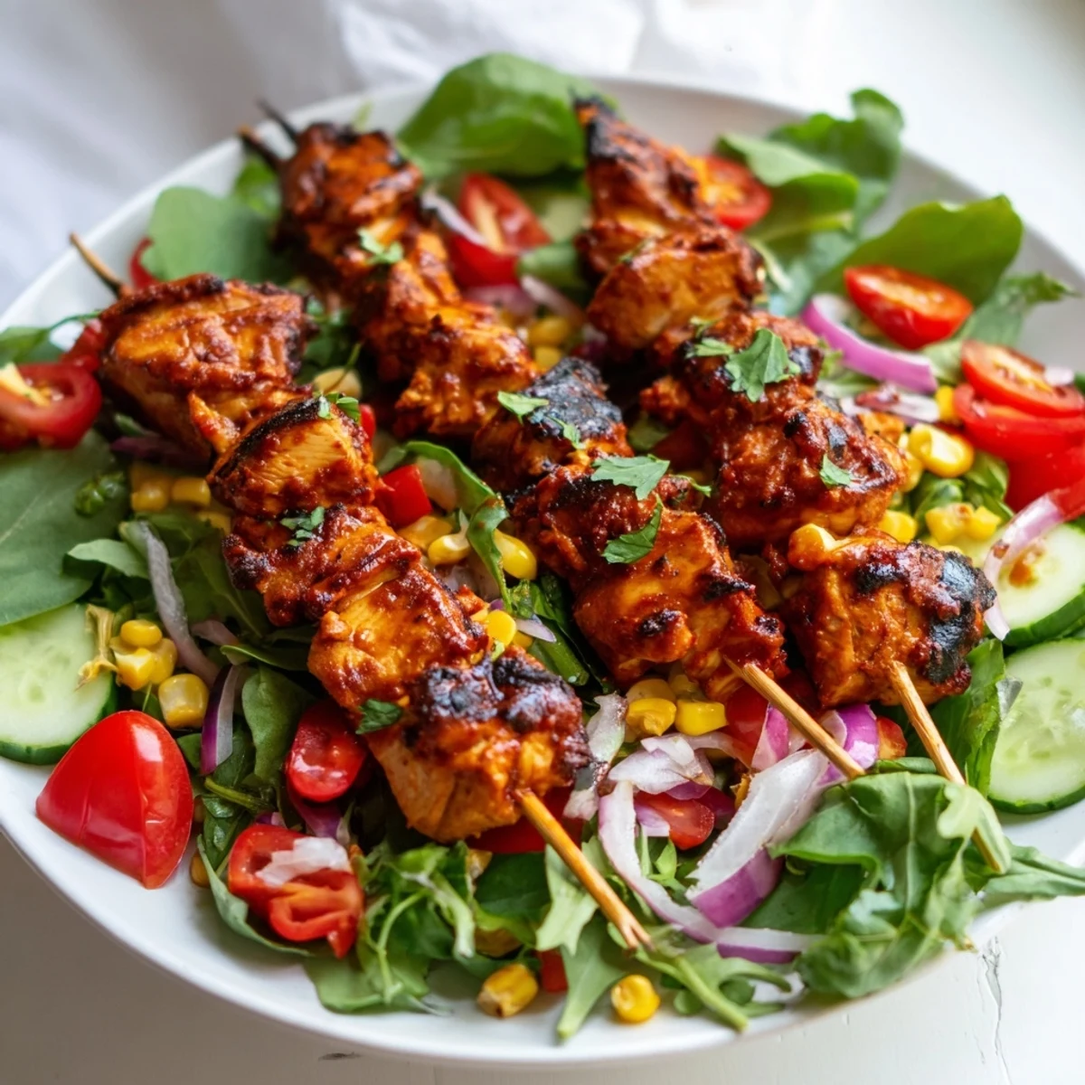 Juicy BBQ chicken skewers resting on a bed of crisp, colorful mixed greens with cherry tomatoes