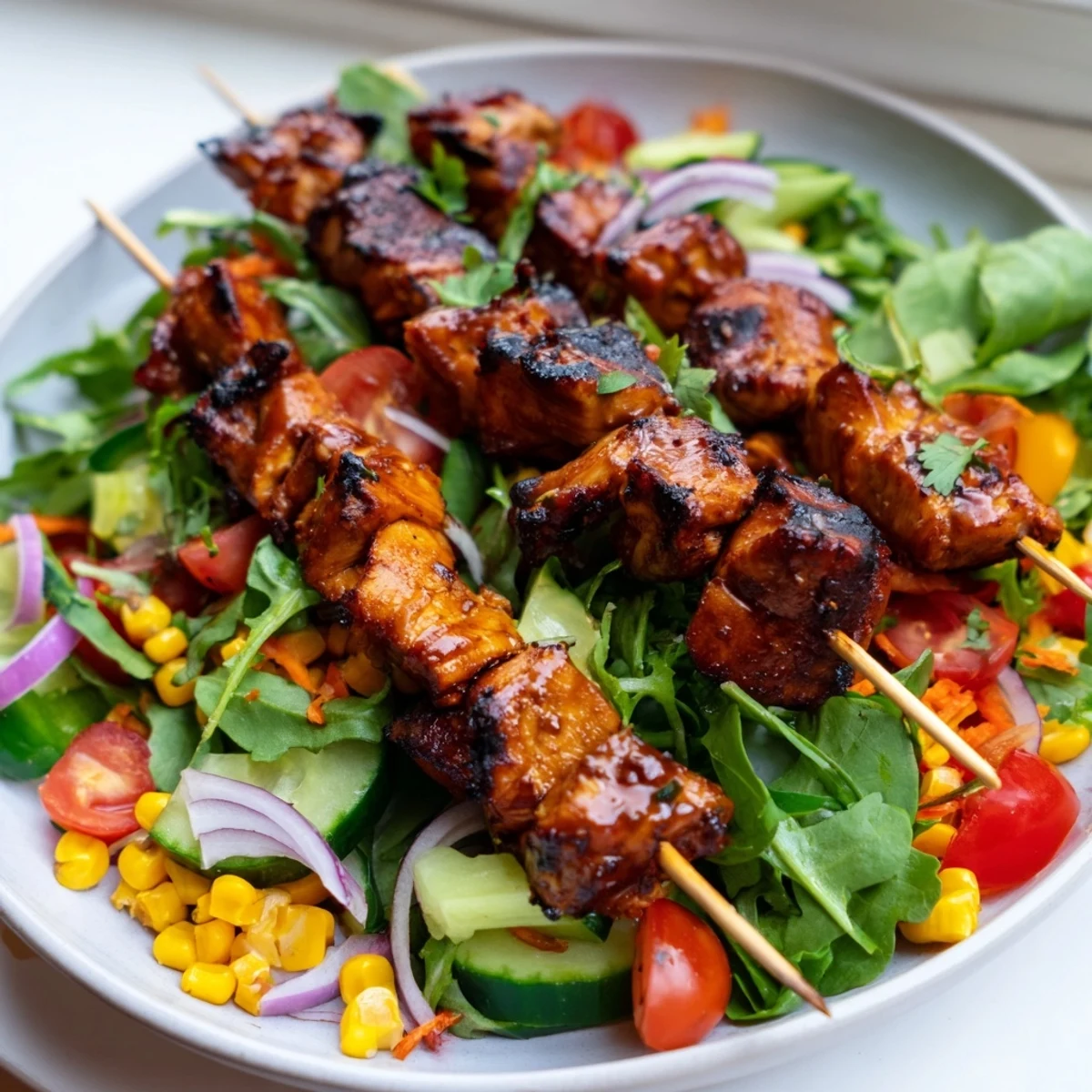 Smoky grilled BBQ chicken skewers served over fresh summer salad with tangy cider vinegar dressing