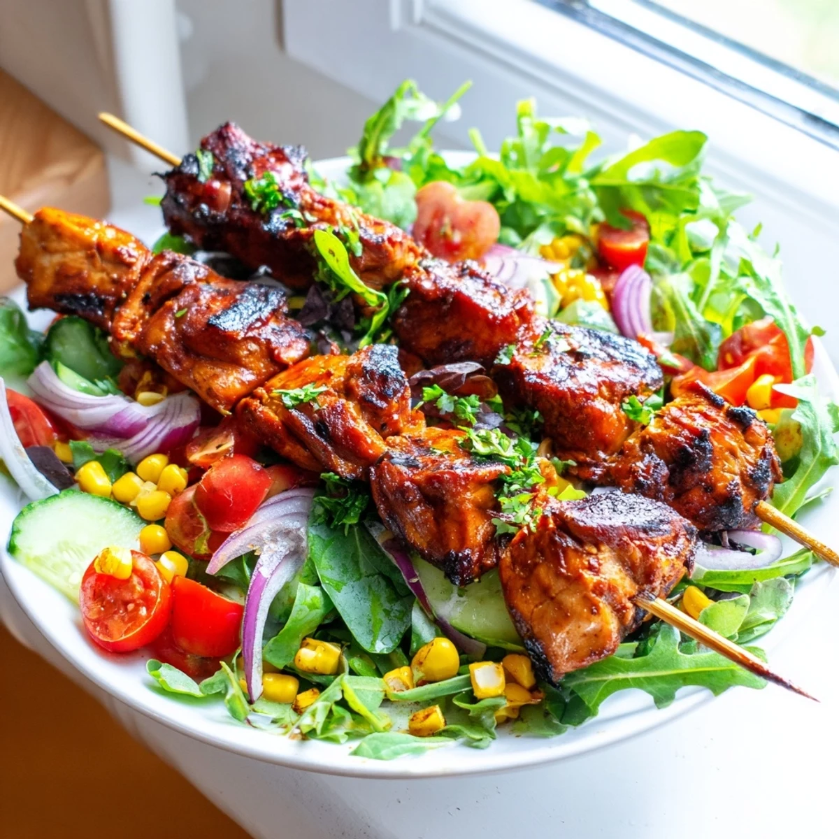 Charred BBQ chicken skewer salad topped with diced bell pepper, sweetcorn, and a golden honey-mustard drizzle