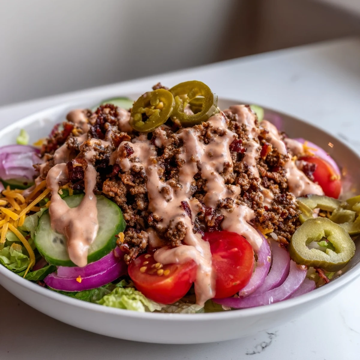 Juicy burger bowls loaded with seasoned beef, crisp lettuce, and tangy sauce