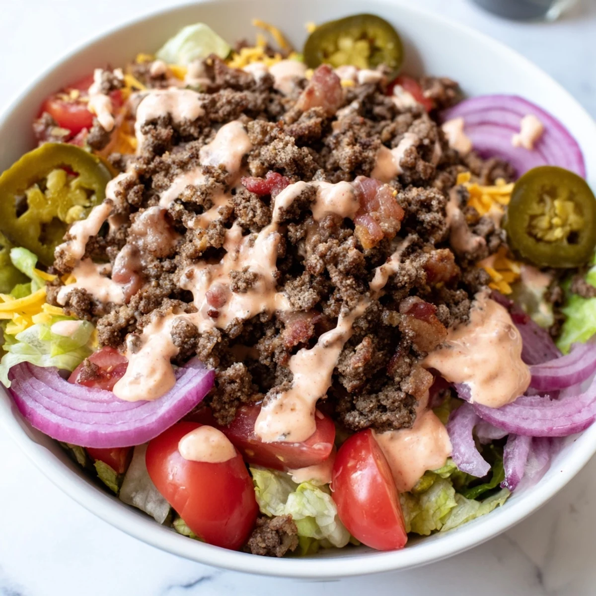 Colorful burger bowls topped with melted cheddar, fresh veggies, and pickles