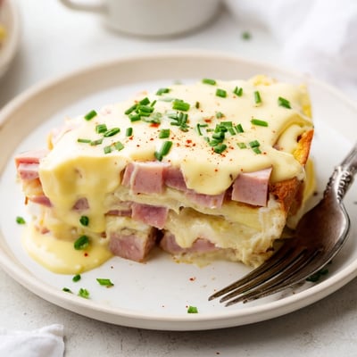 A slice of Overnight Eggs Benedict Casserole reveals layered muffins and Canadian bacon.