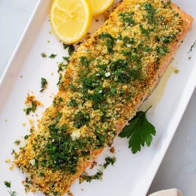 Freshly baked Irresistibly Crispy Parmesan Salmon Bake with a crunchy herb topping and flaky pink fish inside.