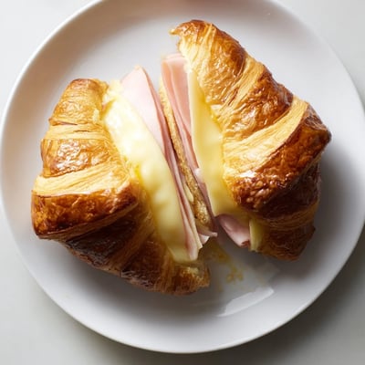 This Ham and Cheese Croissant recipe shows a warm, buttery pastry on a rustic wooden board, perfect for brunch.