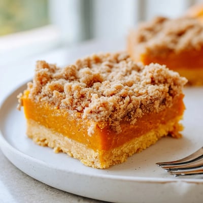 Creamy pumpkin maple filling peeks through a spiced brown sugar streusel on these autumn dessert bars