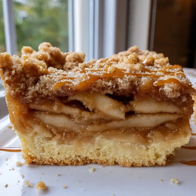 Warm caramel apple crumb bars sliced to reveal tender cinnamon apple layers