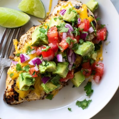 Grilled fiesta lime chicken with melted cheese and bright avocado salsa topping