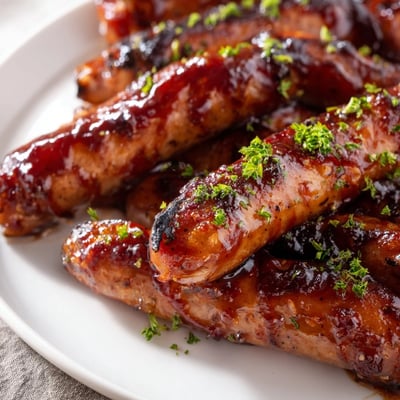 Tangy barbecue glazed sausages sizzling on grill grates with charred marks