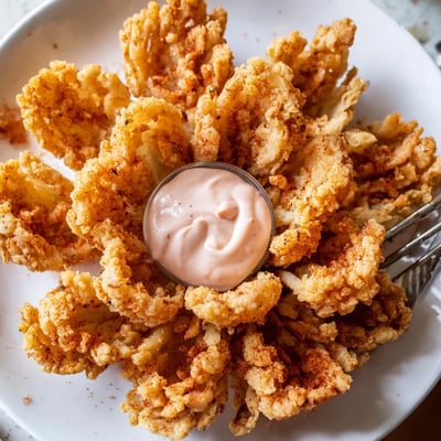 Deep-fried mini bloomin onions recipe with crunchy petals arranged on a platter