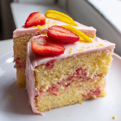A slice of strawberry lemonade cake showing its tender crumb and creamy frosting