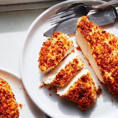 Juicy Paprika Parmesan Chicken sliced open revealing tender meat with a crunchy seasoned crust