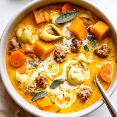 Golden butternut squash sausage tortellini soup topped with a creamy sage cheese dollop